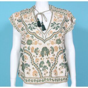 FARM RIO Green Floral lGold Metallic Thread Tassle Flutter Sleeve Top sz PP /337